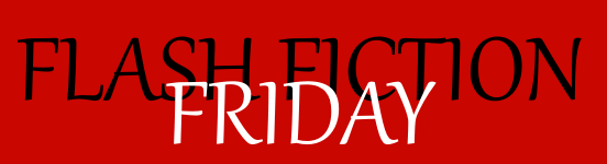 A rectangular logo with the term "flash fiction" in black overtop the word "Friday" in white with a red background.