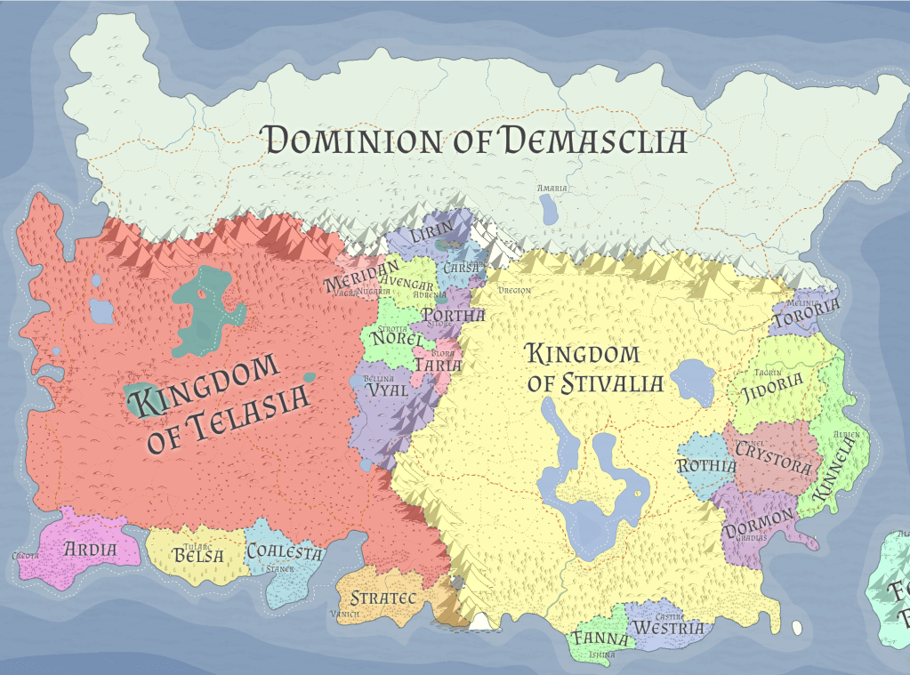 A fantasy world map for The Serpent's Chains depicting counties and capitals