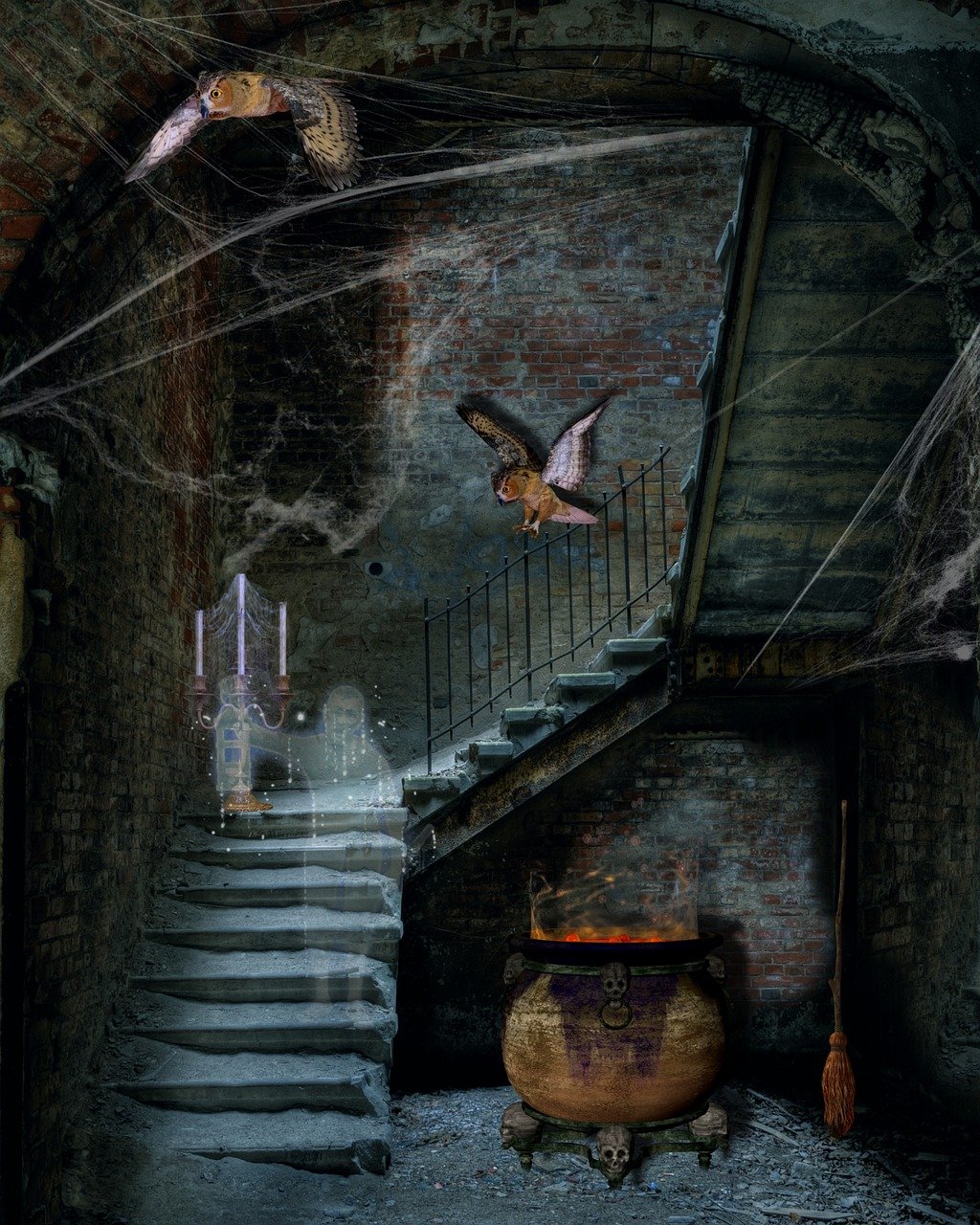 An underground dungeon with stone stair, a bubbling cauldron, a brook in the corner, and owls flying around