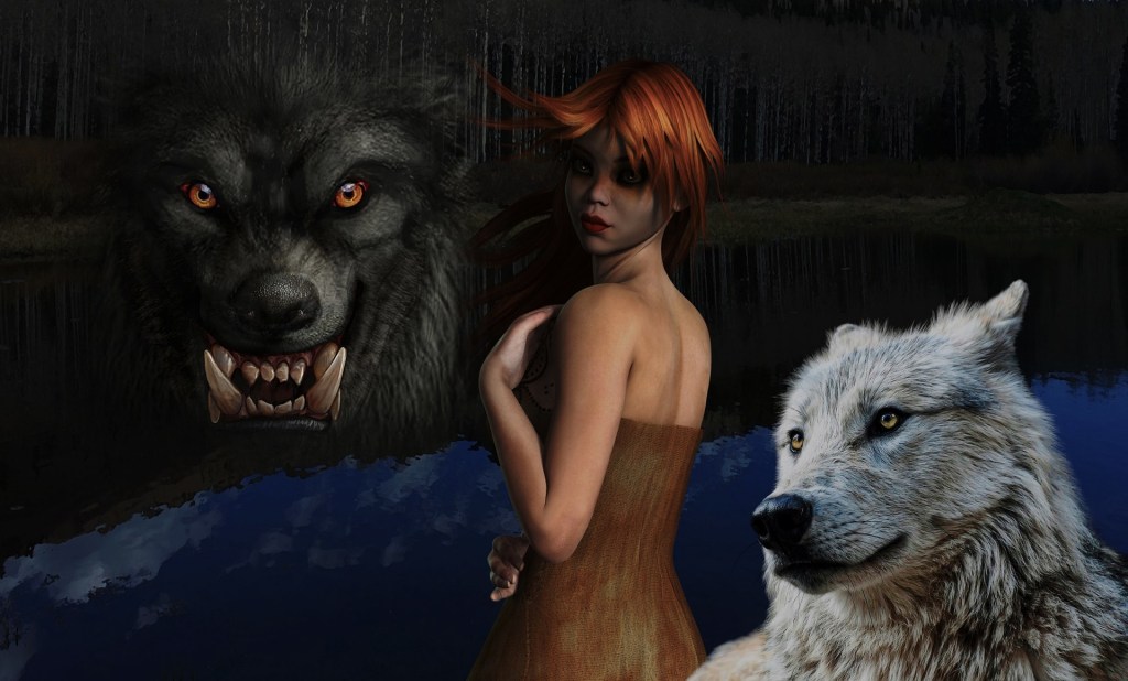 Young woman caught between two werewolves fighting over her