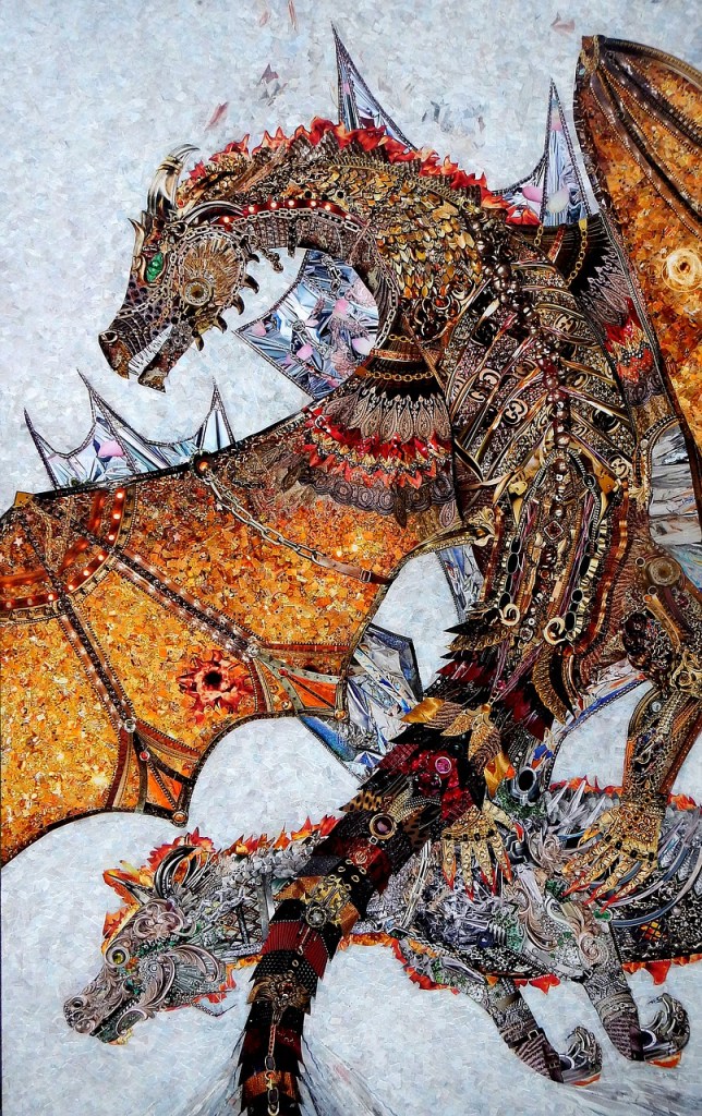 An artistic mosaic image of a western and easter dragon flying around each other
