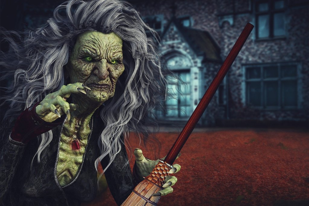 Old witch with messy hair and wrinkled skin, holding a broomstick