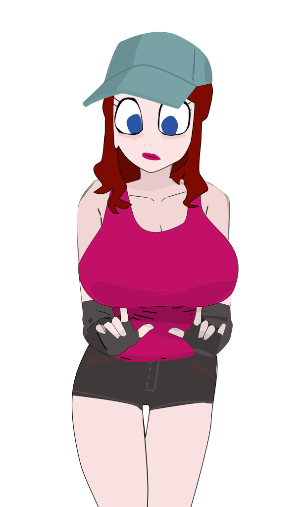 Cartoon woman wearing a baseball hat, mini skirt, tank top, and fingerless gloves. Has very large breasts and a confused look on her face.