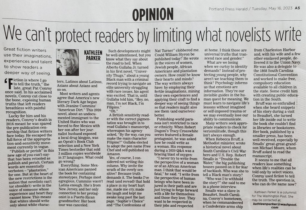 A Newspaper Opinion Piece about the dangers of limiting what writers write based on their own circumstances, demographics, or experiences.