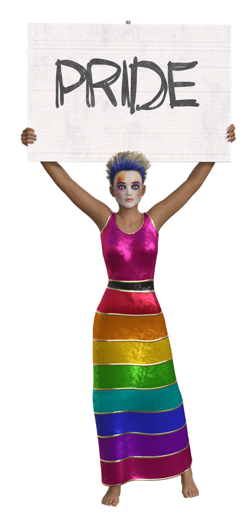 A gender ambiguous person wearing Pride rainbow clothing and holding a large "Pride" sign above their head 