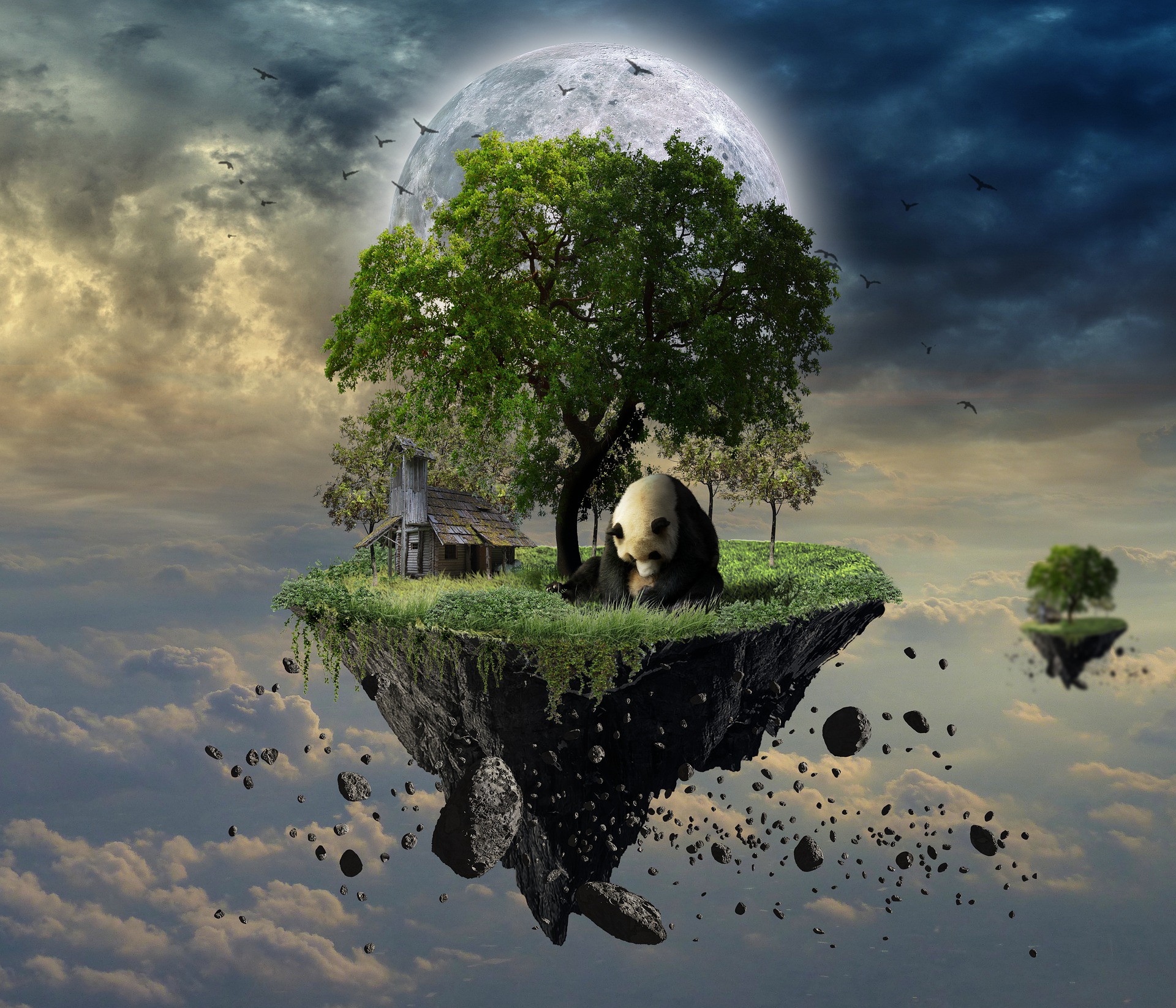 A tree and grassy plane growing from a rock floating above the clouds with a moonrise overhead.