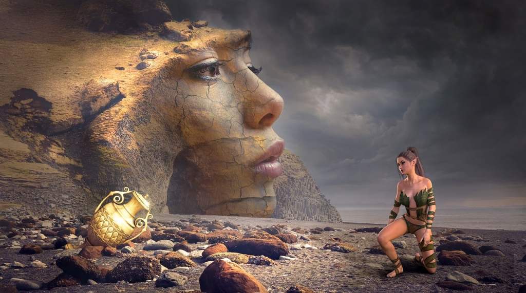 A fantasy image of a woman sitting in a wastelands with a lantern and a spirtit-like face in the cloudy sky.