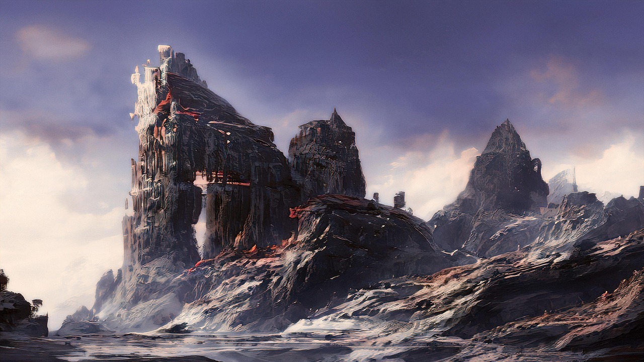Fantasy world built into a stone-face mountaintop reaching toward a cloudy sky.